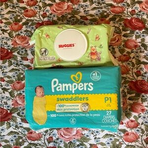 Pampers Swaddlers Diapers Preemie (6lbs or less) and a new pack of Wipes